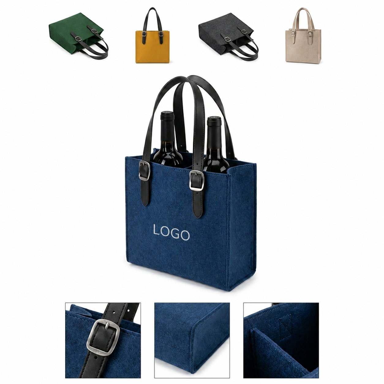 Dual Compartment Felt Wine Carrier with Buckle Straps