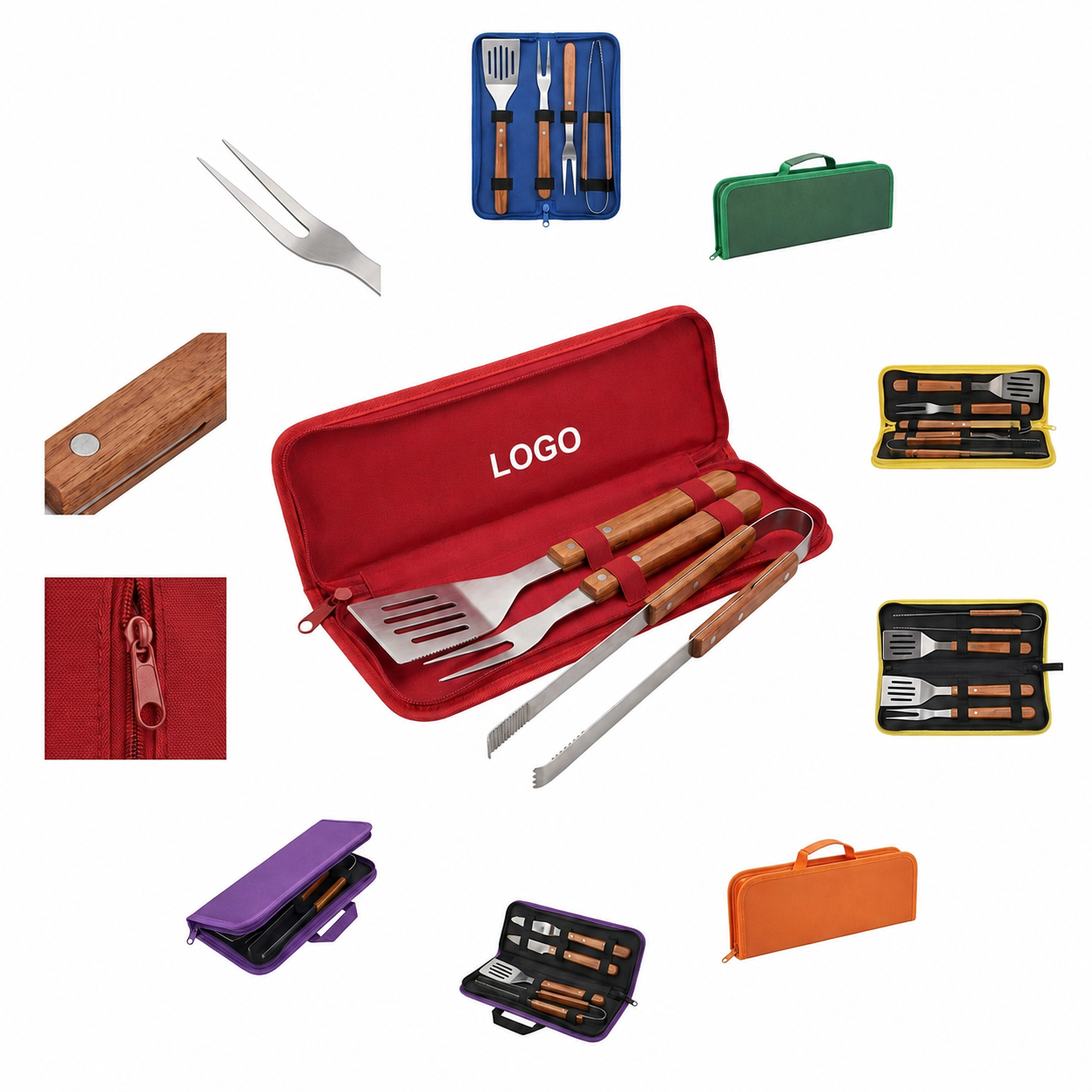 Wooden Handle Stainless Steel BBQ Grilling Set in Zippered Polyester Pouch