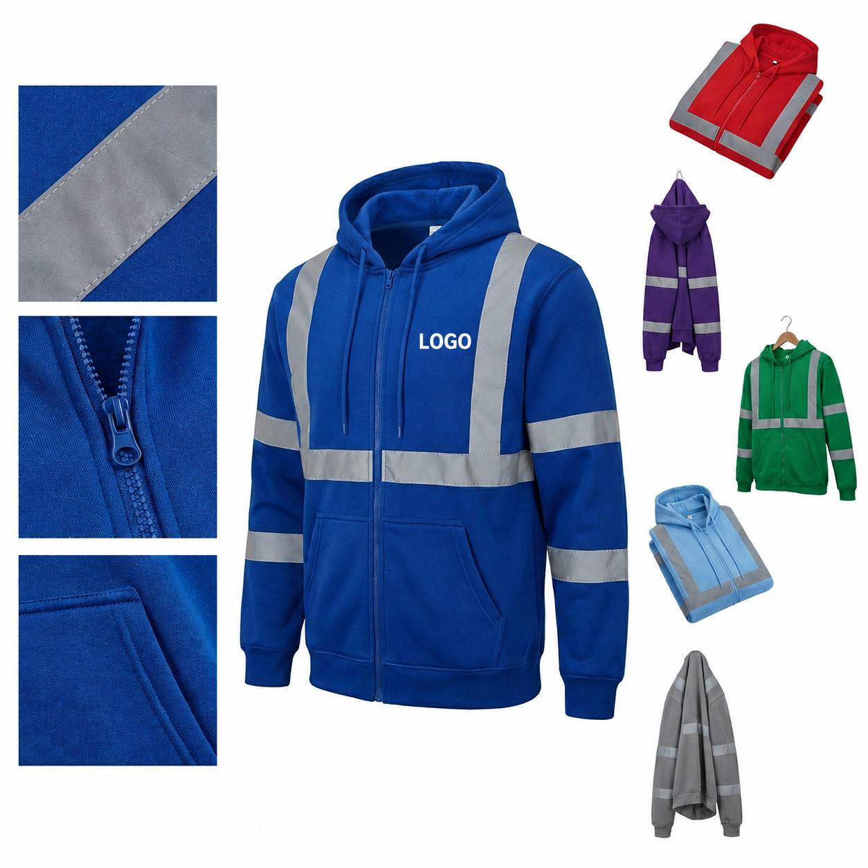 Men's Full-Zip High-Visibility Hoodie with Reflective Safety Strips