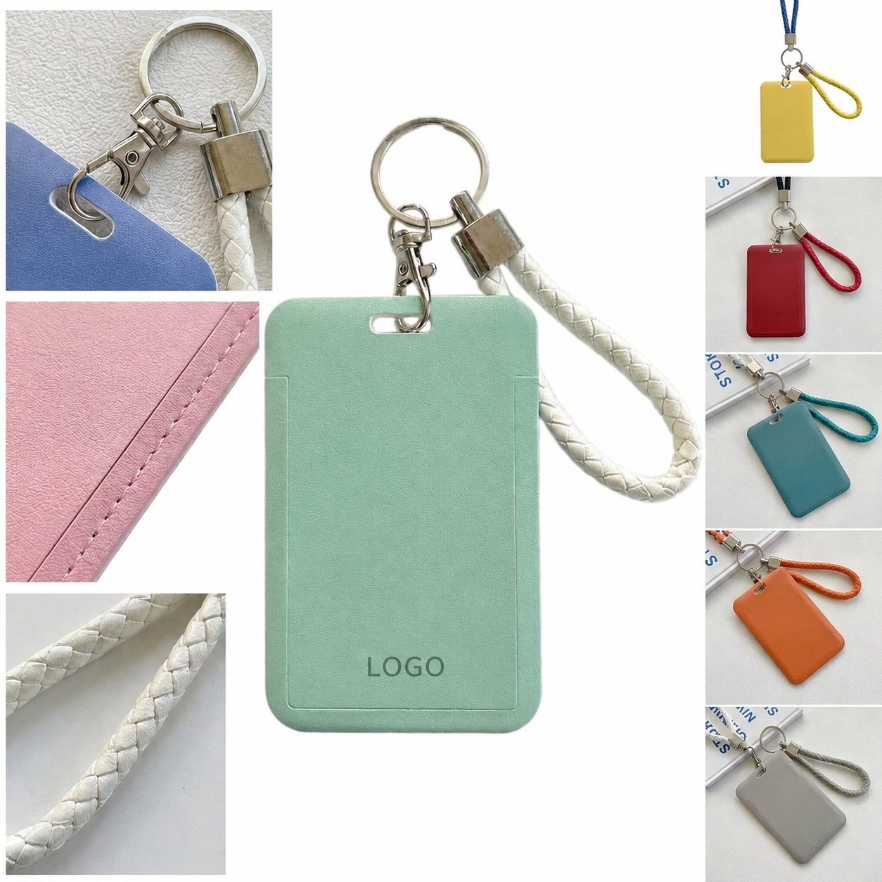 Side-Loading Synthetic Leather ID Badge Holder with Braided Wrist Strap and Metal Clasp