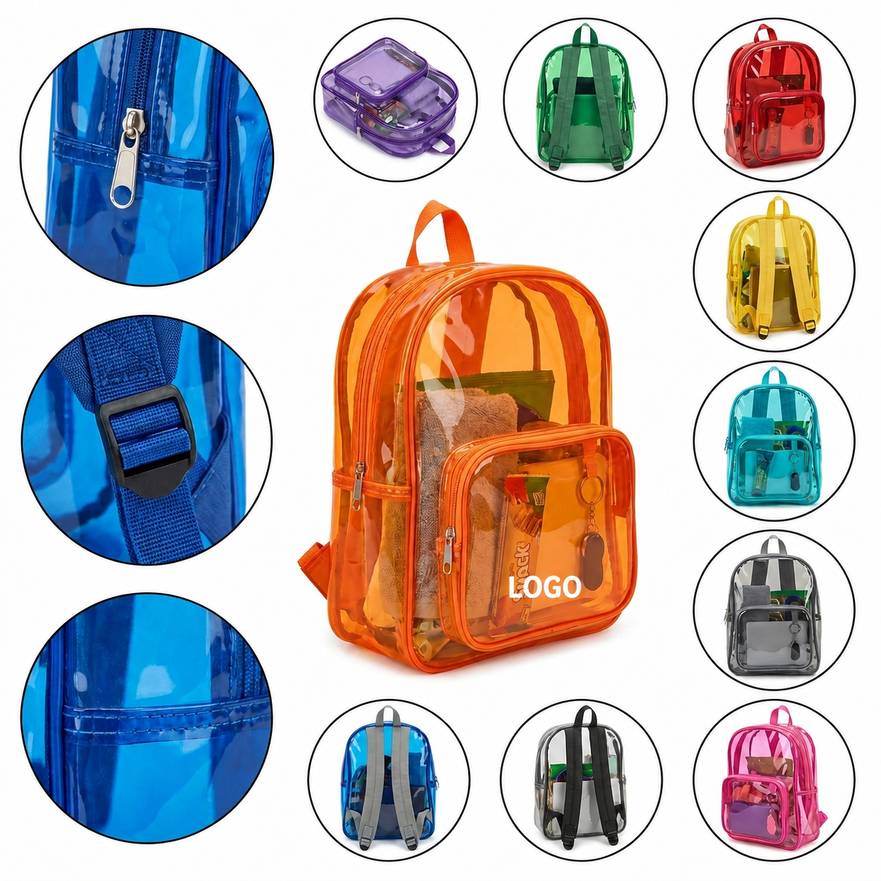 Transparent Stadium-Friendly Backpack with Front Zipper Pocket