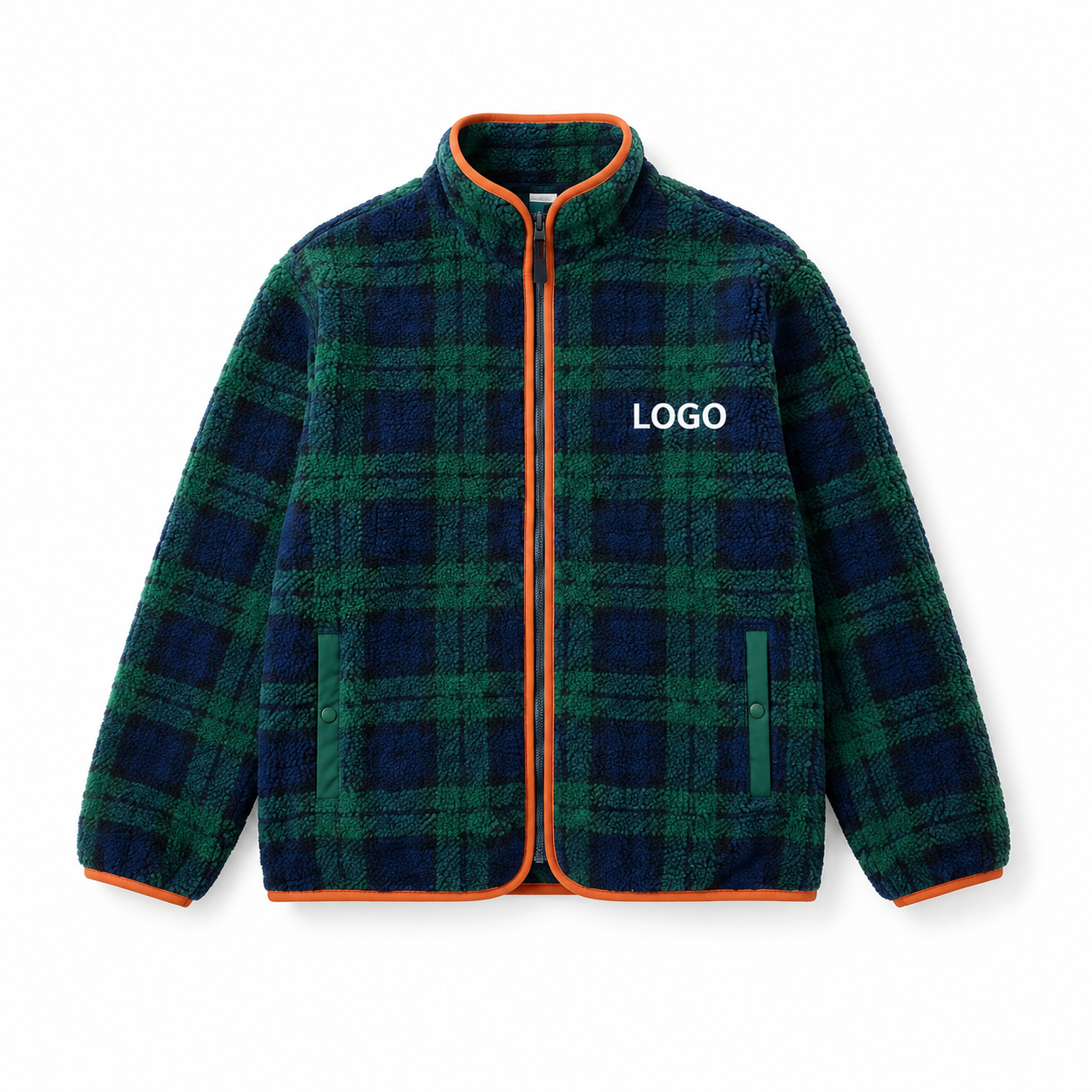 Plaid Full-Zip Fleece Jacket with Contrast Trim