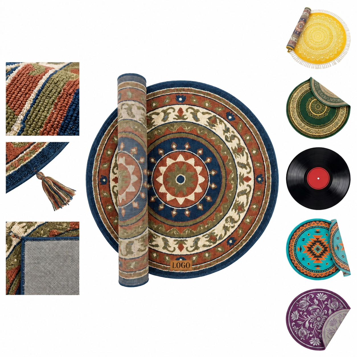 Bohemian Style Round Area Rug with Non-Slip Backing - 47" Diameter