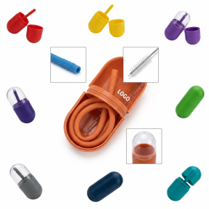 Portable Capsule Silicone Straw Kit with Cleaning Brush