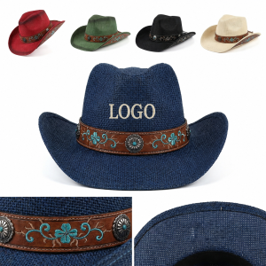 Western Wide Brim Woven Sun Hat with Decorative Embroidered Band