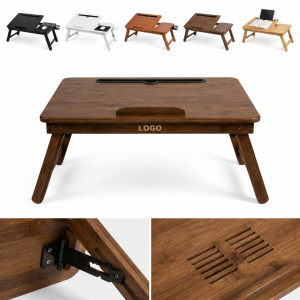 Folding Bamboo Laptop Stand and Bed Tray with Integrated Drawer and Adjustable Tilt